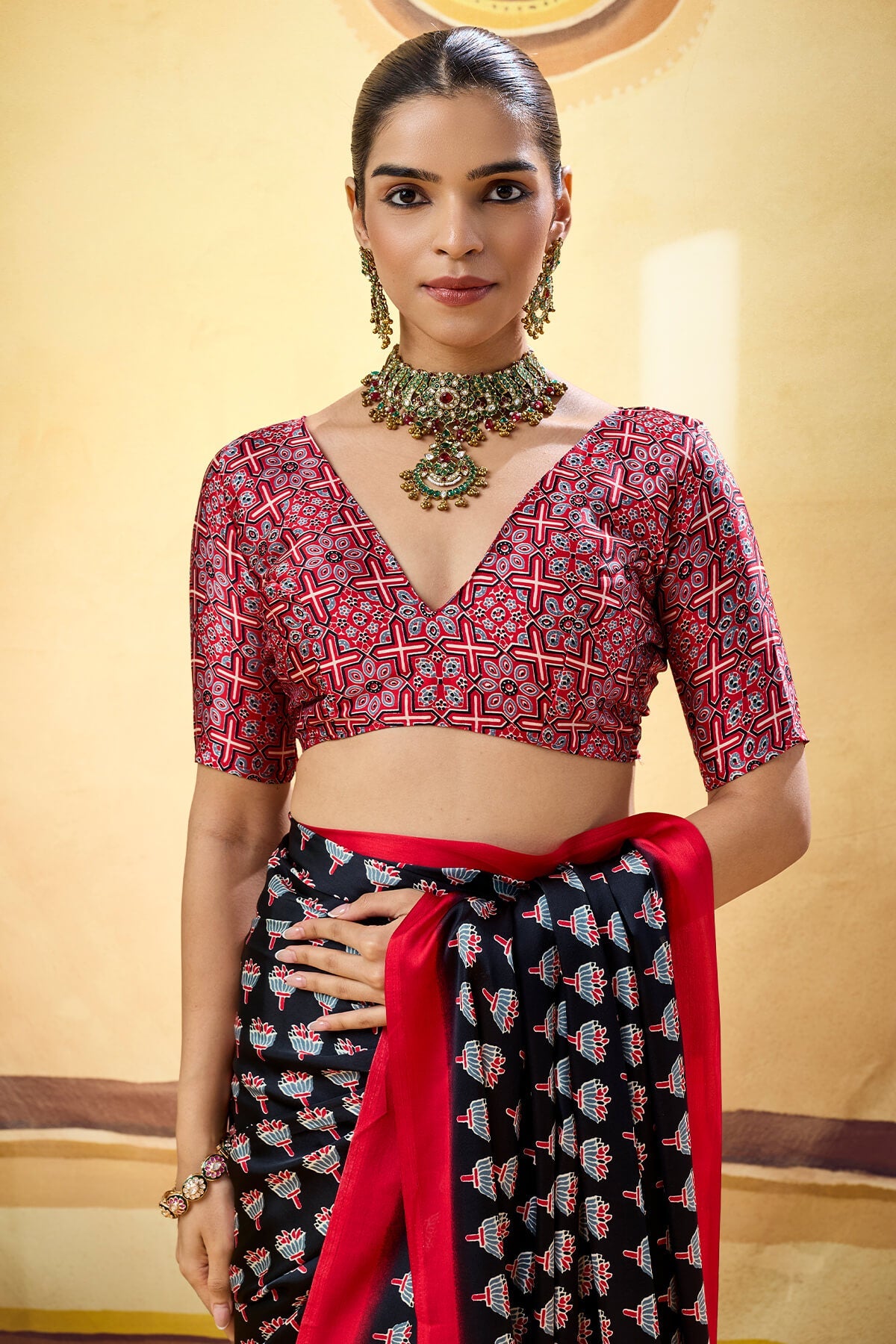 Phenomenal Black Ajrakh Printed Satin Silk Saree With Eloquence Blouse Piece