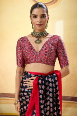 Phenomenal Black Ajrakh Printed Satin Silk Saree With Eloquence Blouse Piece