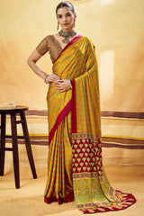 Breathtaking Mustard Ajrakh Printed Satin Silk Saree With Stunning Blouse Piece