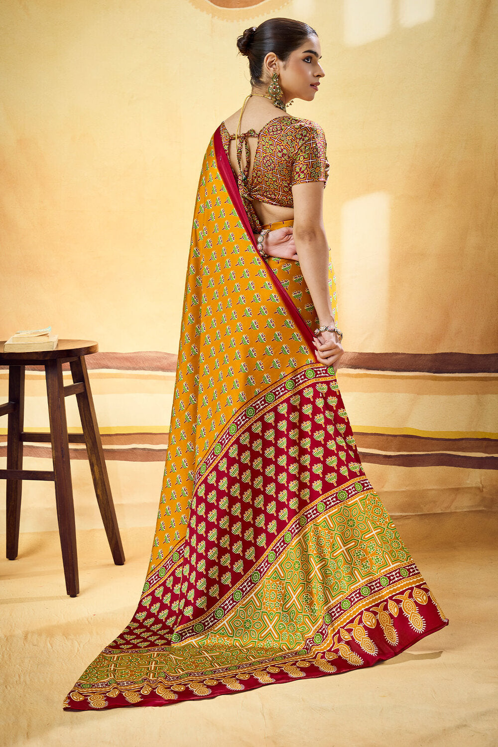 Breathtaking Mustard Ajrakh Printed Satin Silk Saree With Stunning Blouse Piece