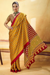 Breathtaking Mustard Ajrakh Printed Satin Silk Saree With Stunning Blouse Piece