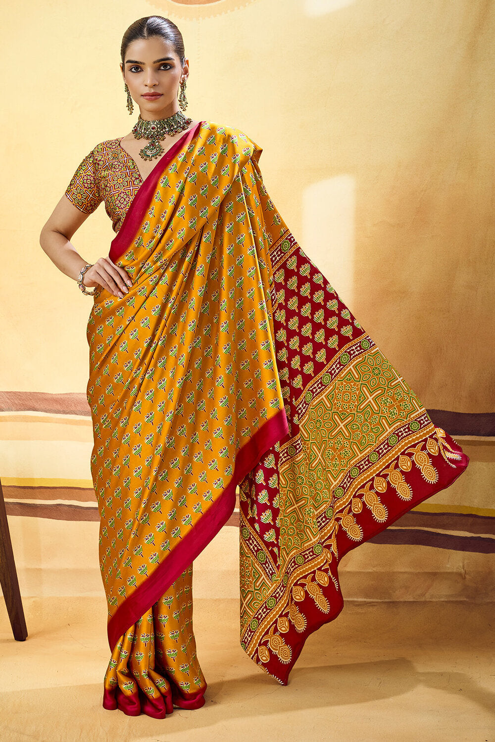 Breathtaking Mustard Ajrakh Printed Satin Silk Saree With Stunning Blouse Piece