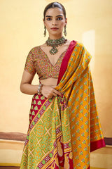 Breathtaking Mustard Ajrakh Printed Satin Silk Saree With Stunning Blouse Piece