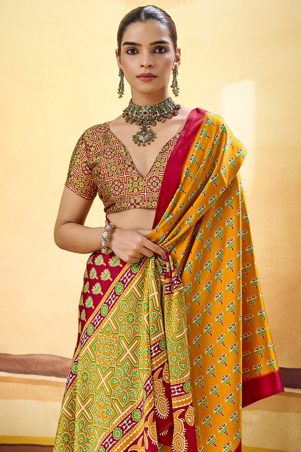 Breathtaking Mustard Ajrakh Printed Satin Silk Saree With Stunning Blouse Piece