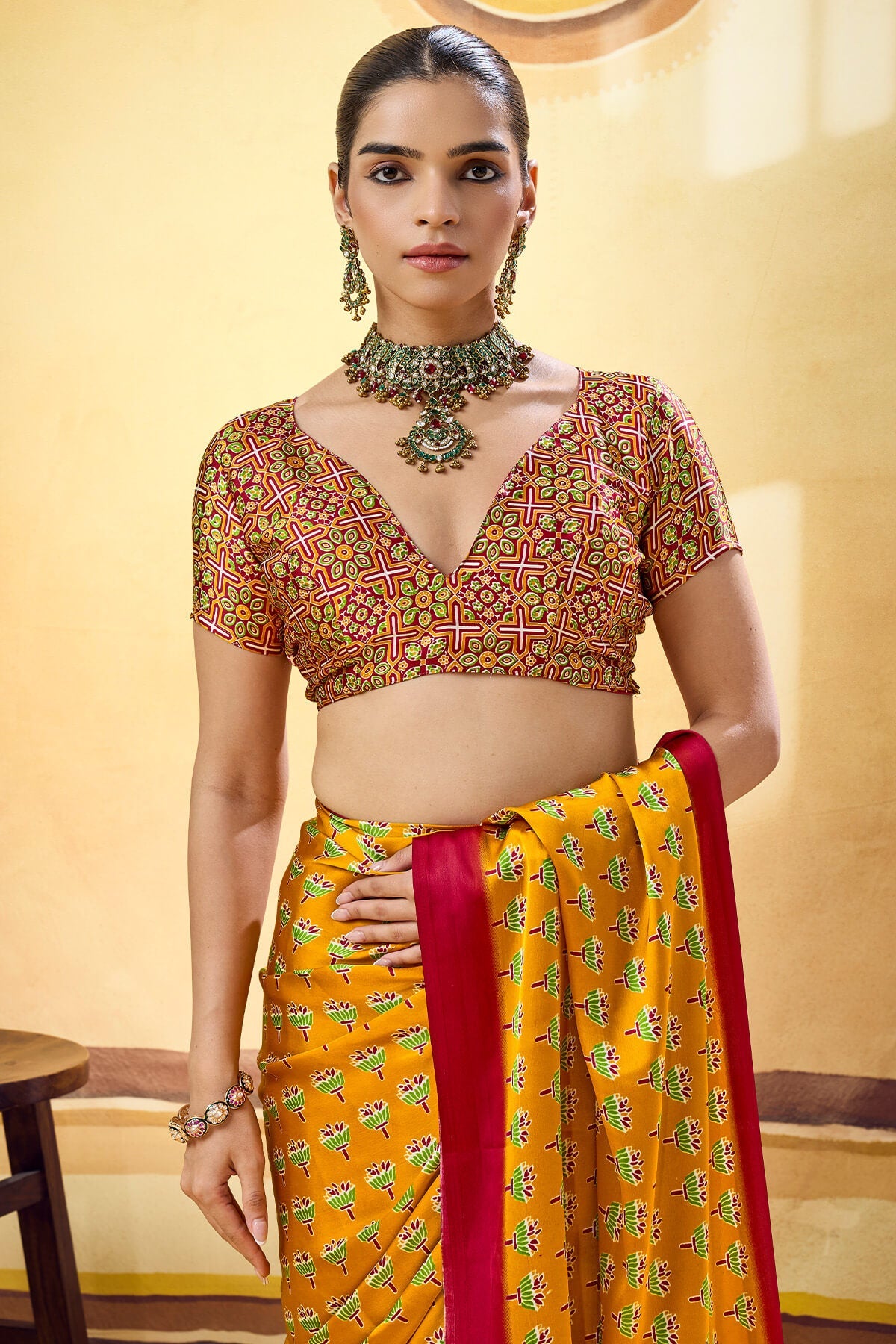 Breathtaking Mustard Ajrakh Printed Satin Silk Saree With Stunning Blouse Piece
