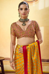 Breathtaking Mustard Ajrakh Printed Satin Silk Saree With Stunning Blouse Piece