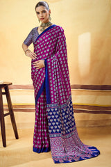 Desultory Purple Ajrakh Printed Satin Silk Saree With Preferable Blouse Piece
