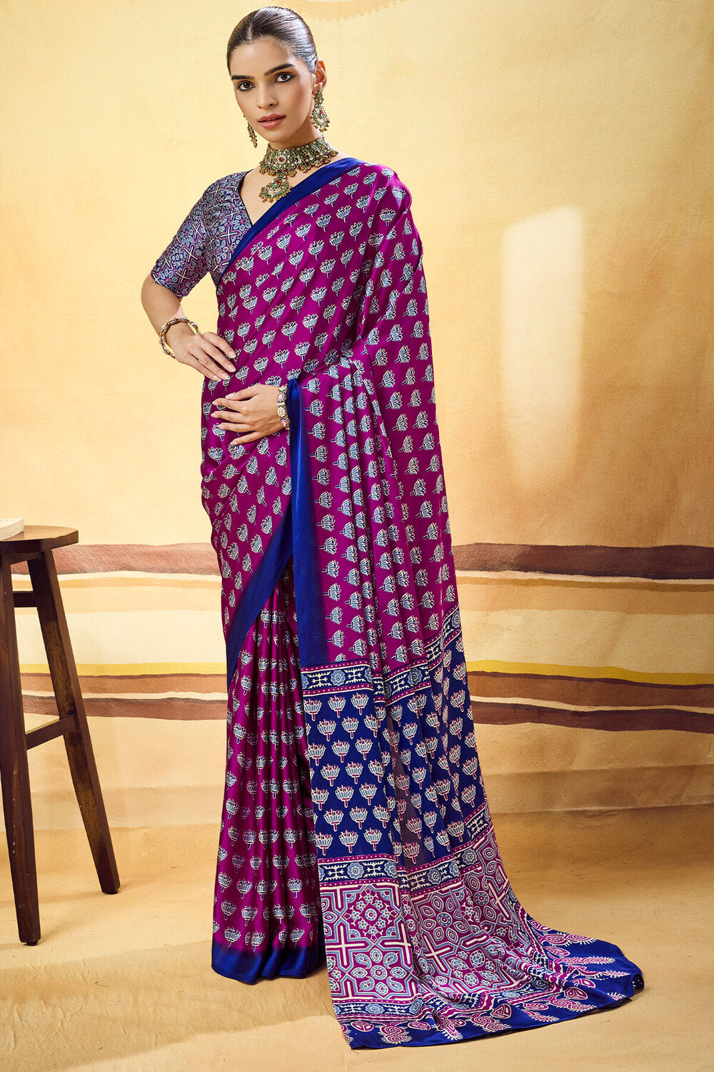 Desultory Purple Ajrakh Printed Satin Silk Saree With Preferable Blouse Piece