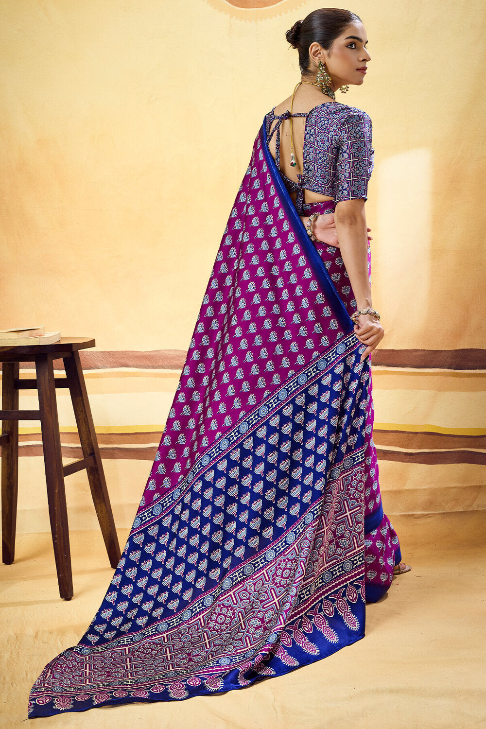 Desultory Purple Ajrakh Printed Satin Silk Saree With Preferable Blouse Piece
