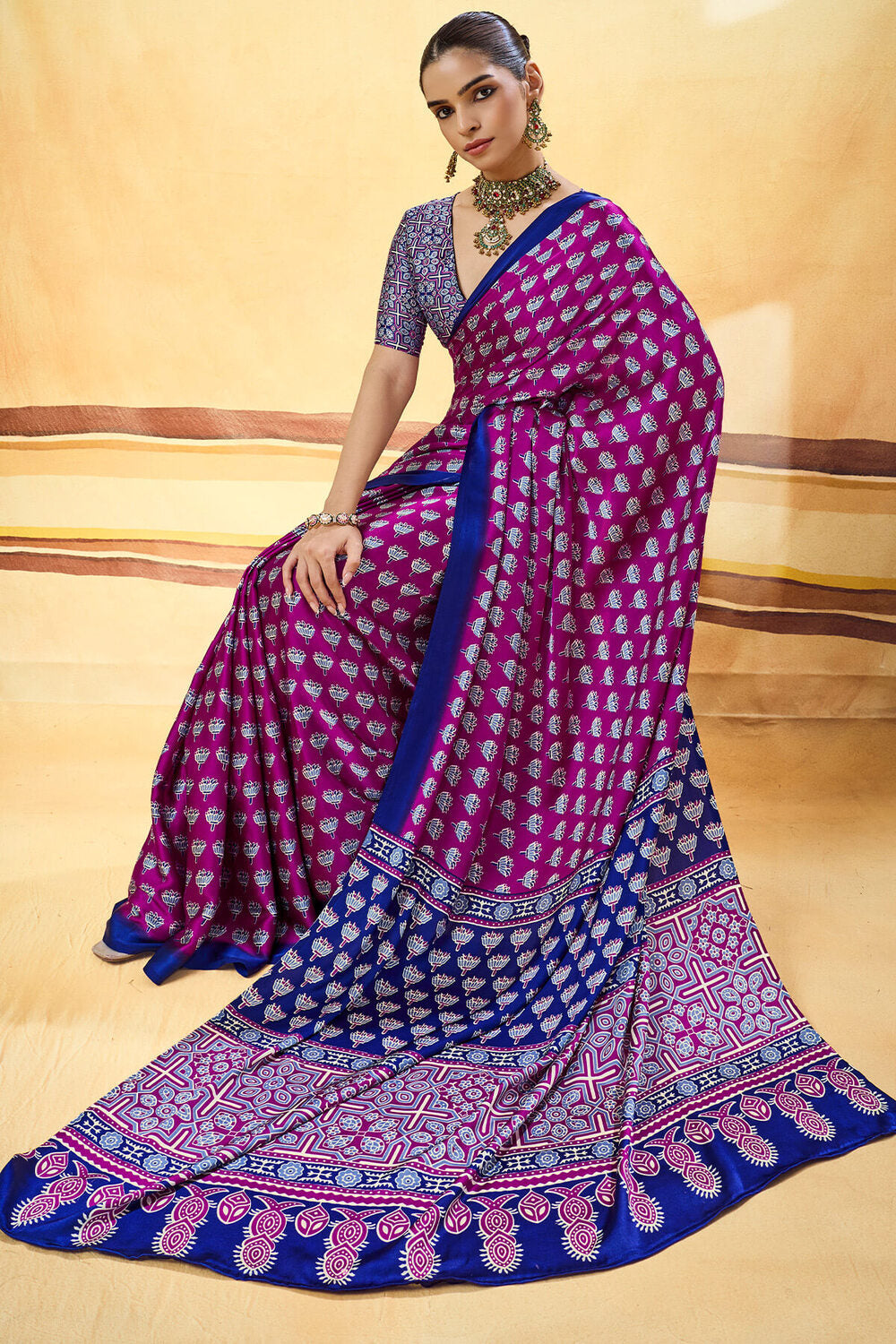 Desultory Purple Ajrakh Printed Satin Silk Saree With Preferable Blouse Piece