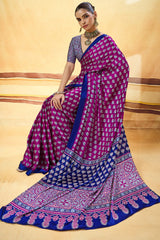Desultory Purple Ajrakh Printed Satin Silk Saree With Preferable Blouse Piece