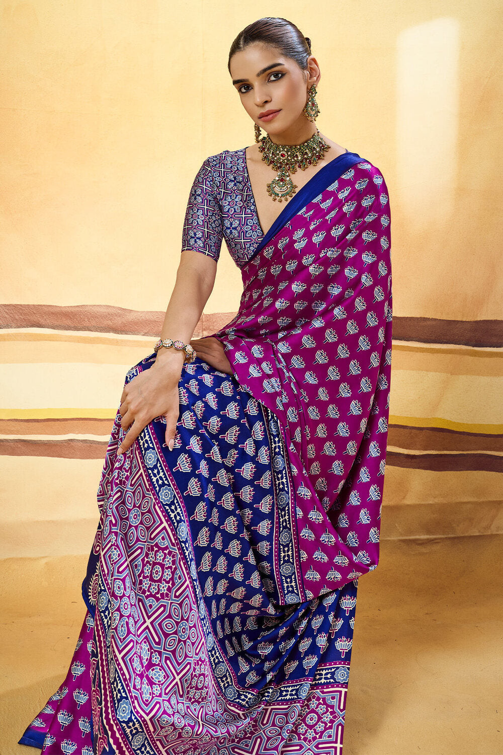 Desultory Purple Ajrakh Printed Satin Silk Saree With Preferable Blouse Piece