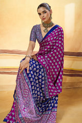 Desultory Purple Ajrakh Printed Satin Silk Saree With Preferable Blouse Piece