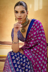Desultory Purple Ajrakh Printed Satin Silk Saree With Preferable Blouse Piece