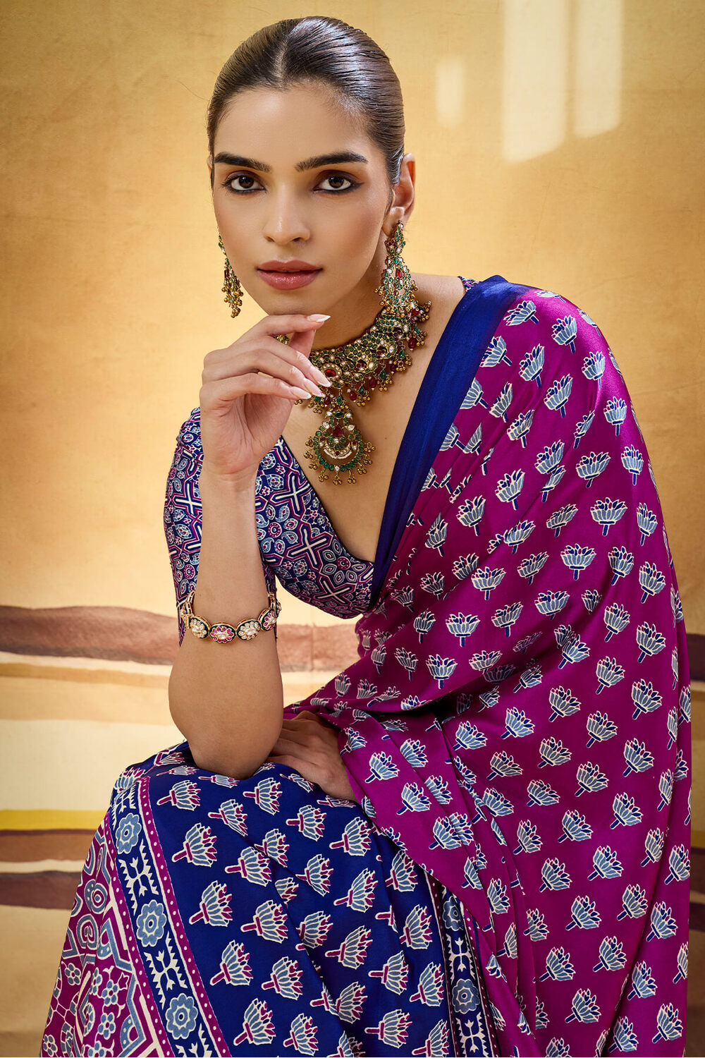 Desultory Purple Ajrakh Printed Satin Silk Saree With Preferable Blouse Piece