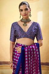 Desultory Purple Ajrakh Printed Satin Silk Saree With Preferable Blouse Piece