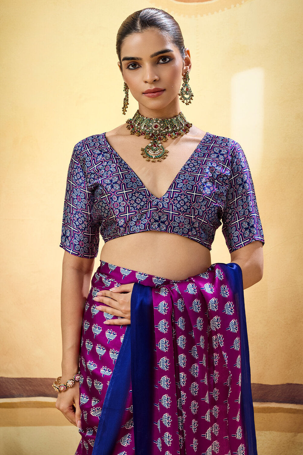 Desultory Purple Ajrakh Printed Satin Silk Saree With Preferable Blouse Piece
