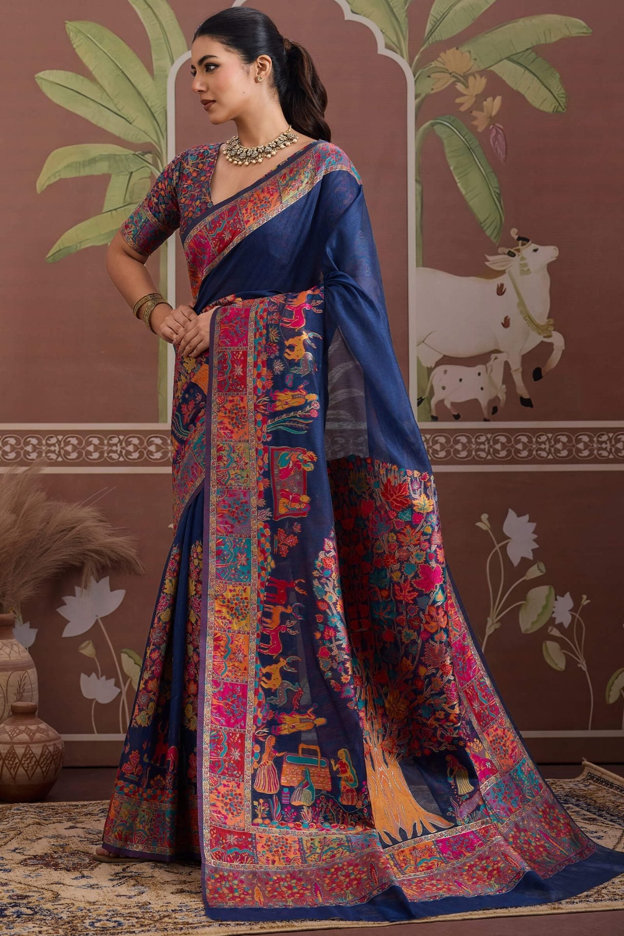 Desuetude Navy Blue Pashmina saree With Majestic Blouse Piece