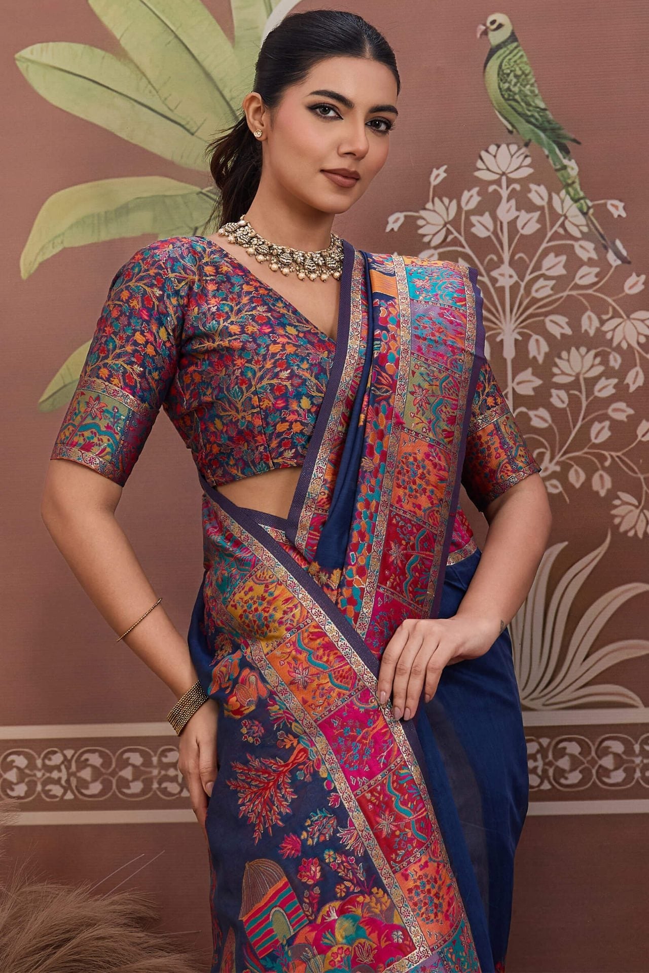 Desuetude Navy Blue Pashmina saree With Majestic Blouse Piece