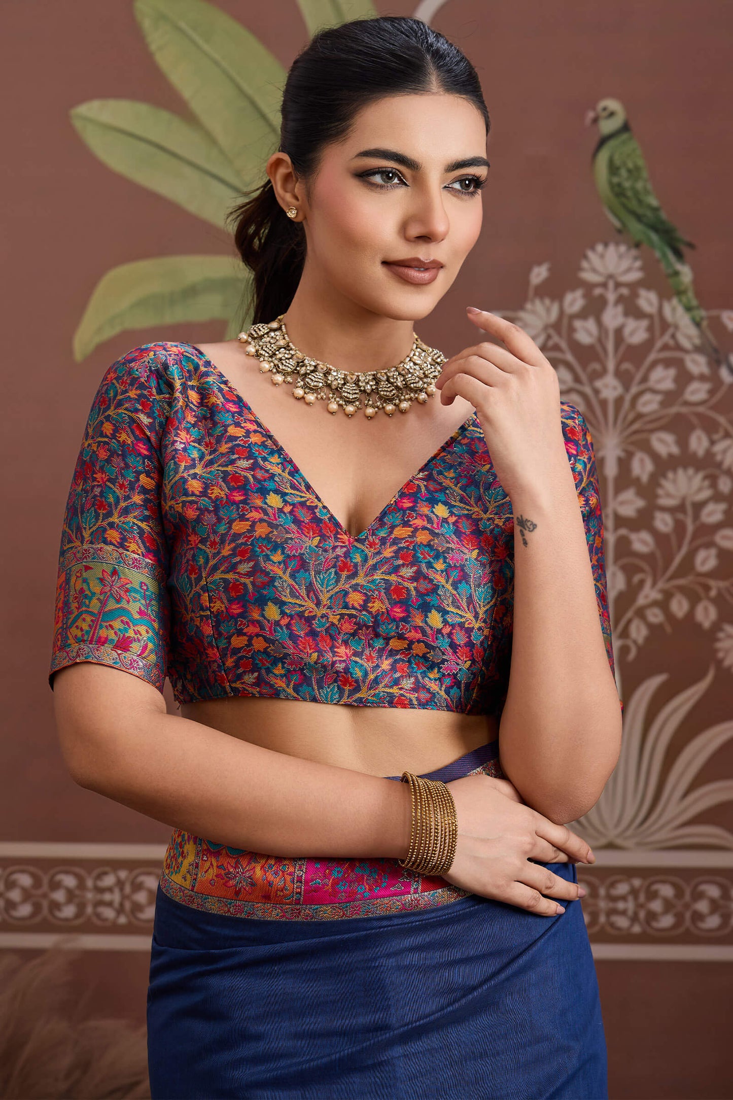 Desuetude Navy Blue Pashmina saree With Majestic Blouse Piece
