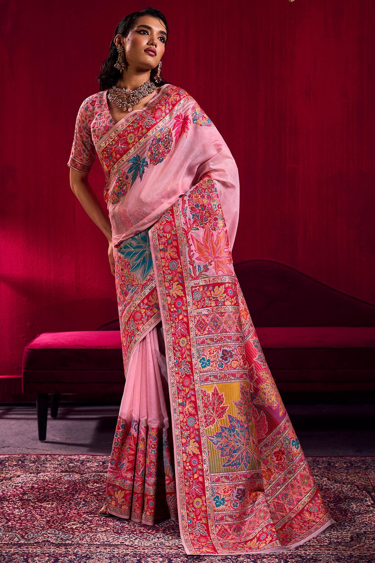 Bewitching Pink Pashmina saree With Alluring Blouse Piece