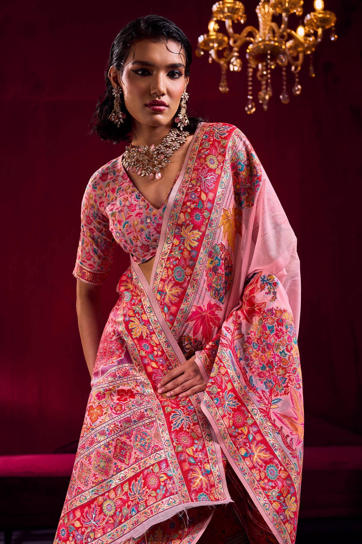 Bewitching Pink Pashmina saree With Alluring Blouse Piece