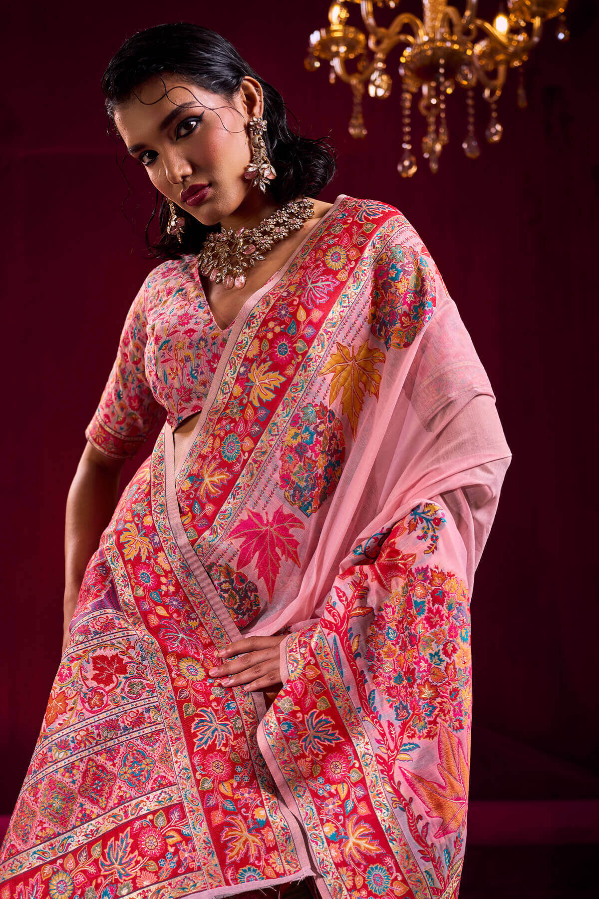 Bewitching Pink Pashmina saree With Alluring Blouse Piece