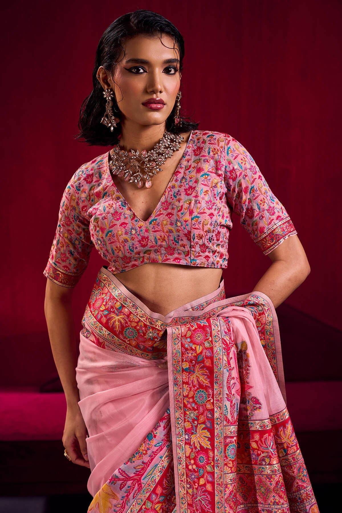 Bewitching Pink Pashmina saree With Alluring Blouse Piece