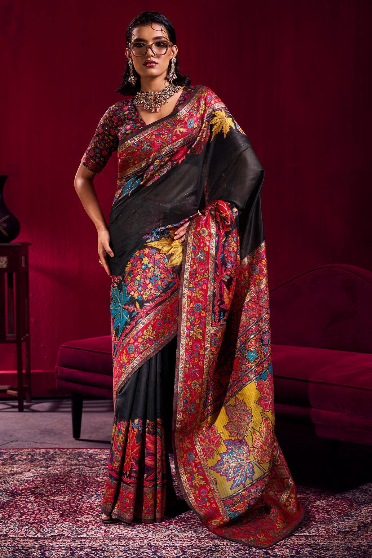 Refreshing Black Pashmina saree With Beleaguer Blouse Piece