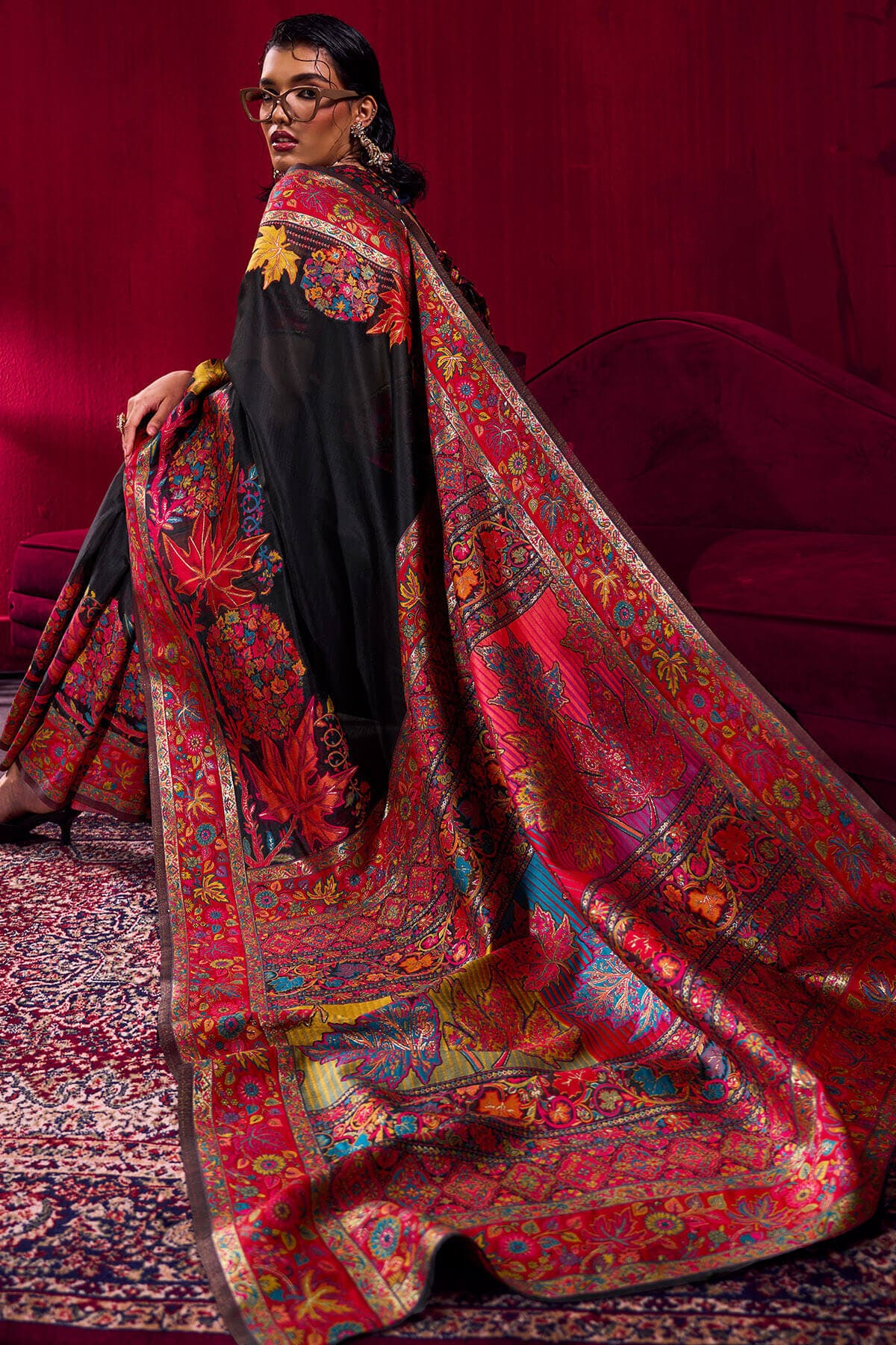 Refreshing Black Pashmina saree With Beleaguer Blouse Piece