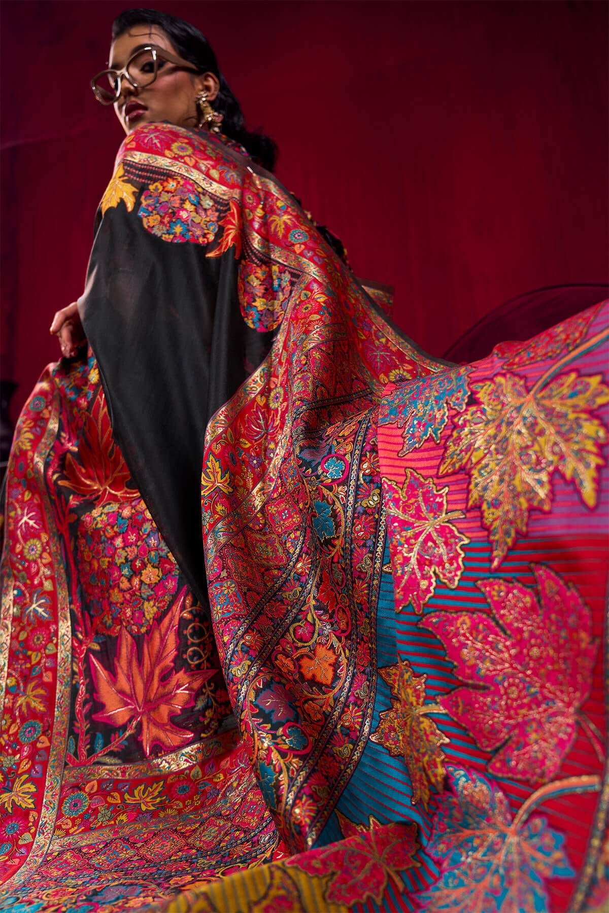 Refreshing Black Pashmina saree With Beleaguer Blouse Piece