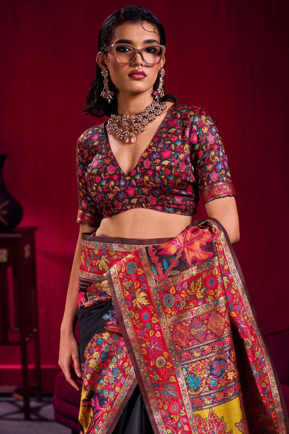 Refreshing Black Pashmina saree With Beleaguer Blouse Piece