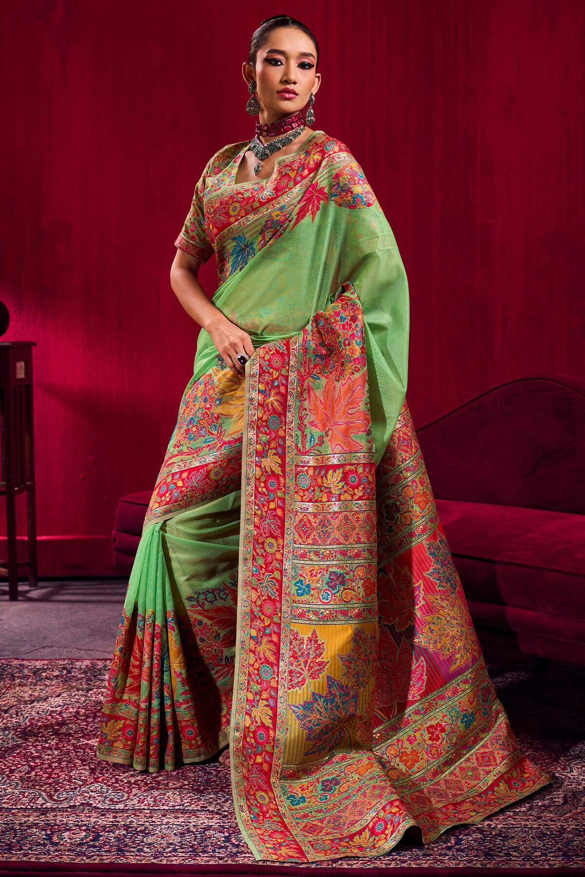 Jazzy Pista Pashmina saree With Inspiring Blouse Piece
