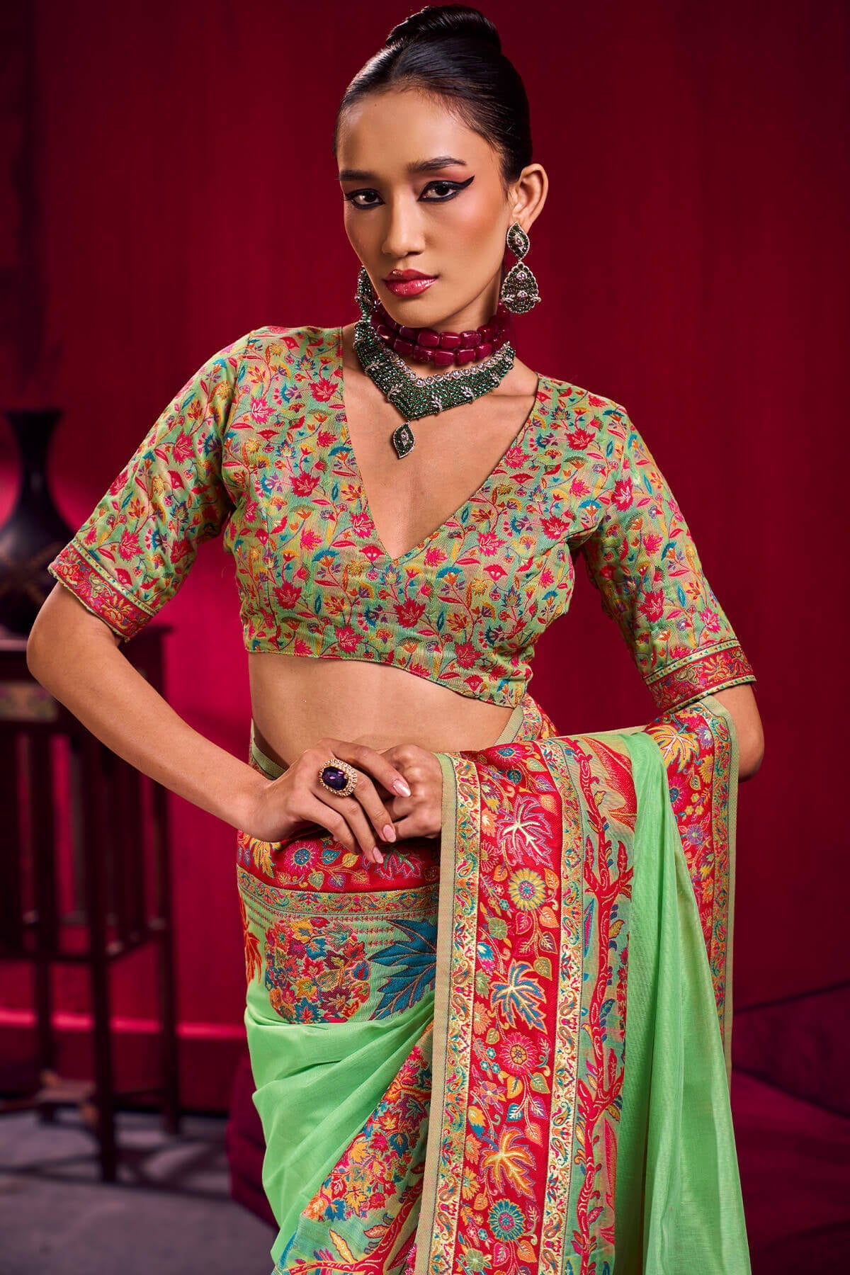 Jazzy Pista Pashmina saree With Inspiring Blouse Piece