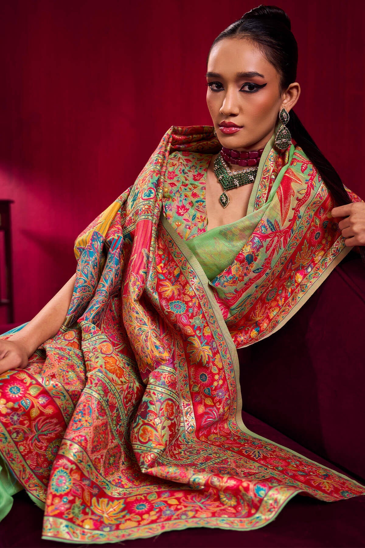 Jazzy Pista Pashmina saree With Inspiring Blouse Piece
