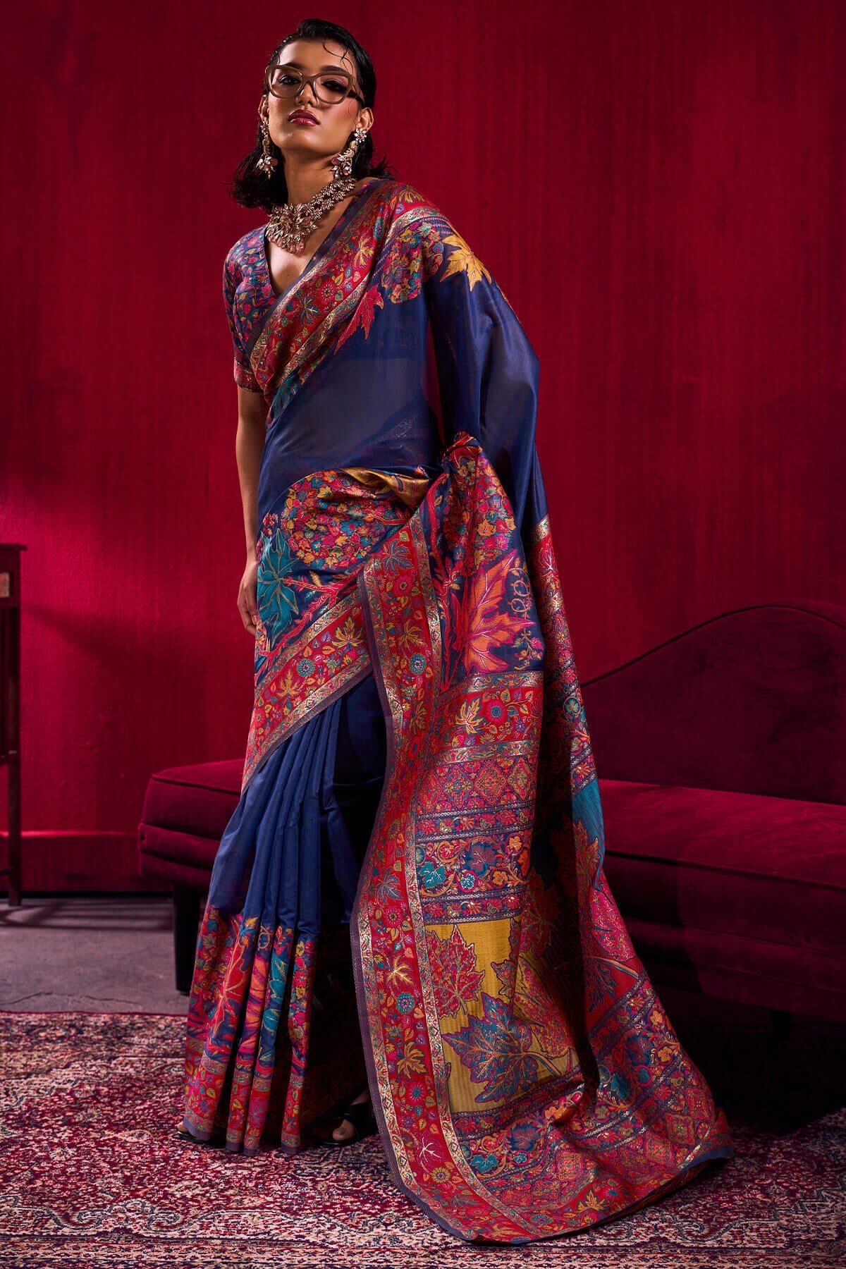 Prettiest Navy Blue Pashmina saree With Glittering Blouse Piece