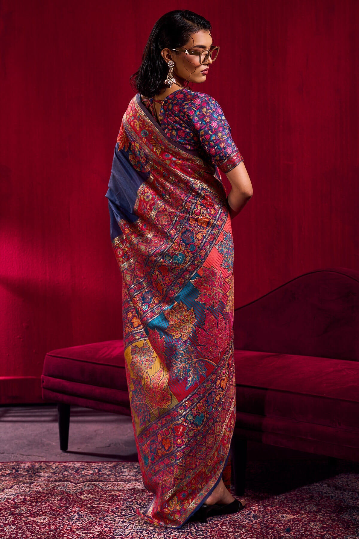 Prettiest Navy Blue Pashmina saree With Glittering Blouse Piece