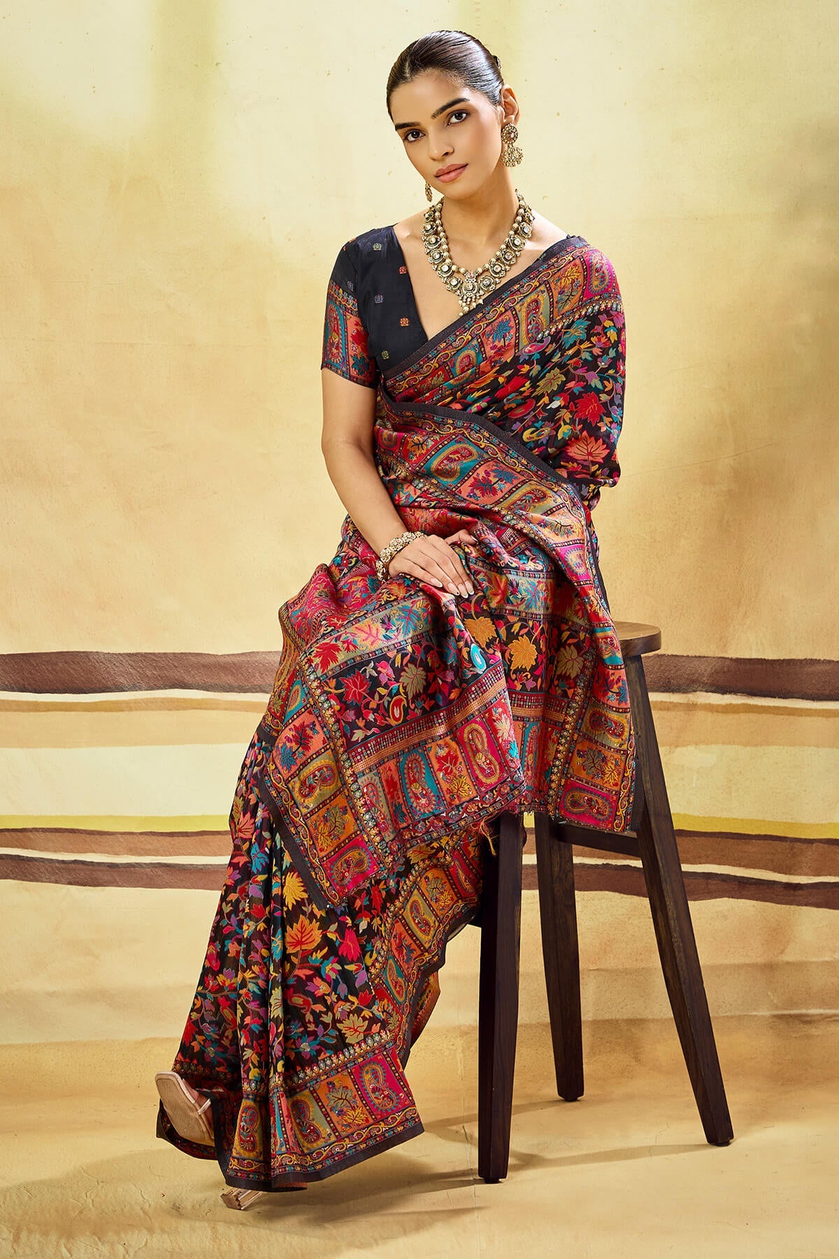 Arresting Black Pashmina Saree With Comely Blouse Piece