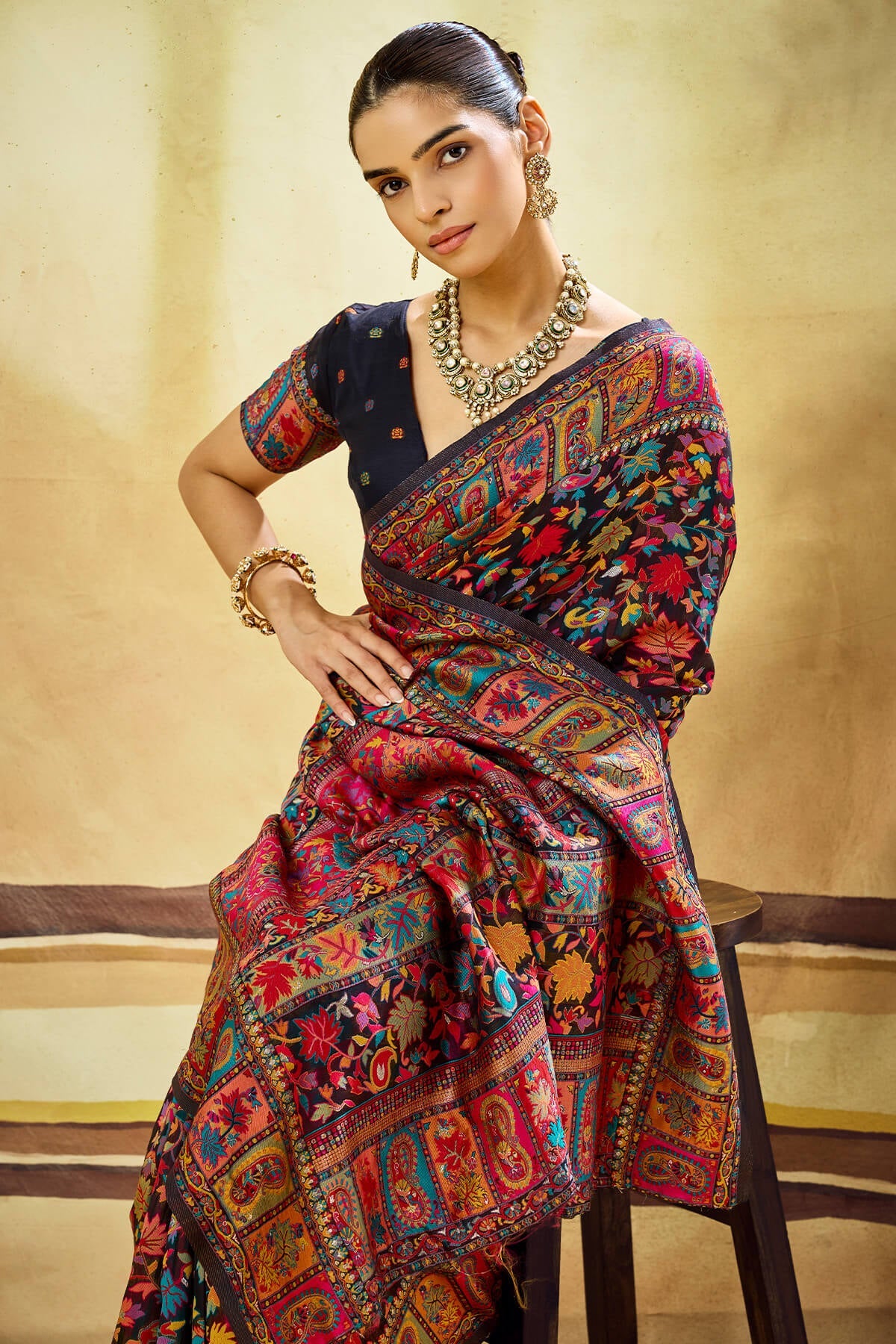 Arresting Black Pashmina Saree With Comely Blouse Piece