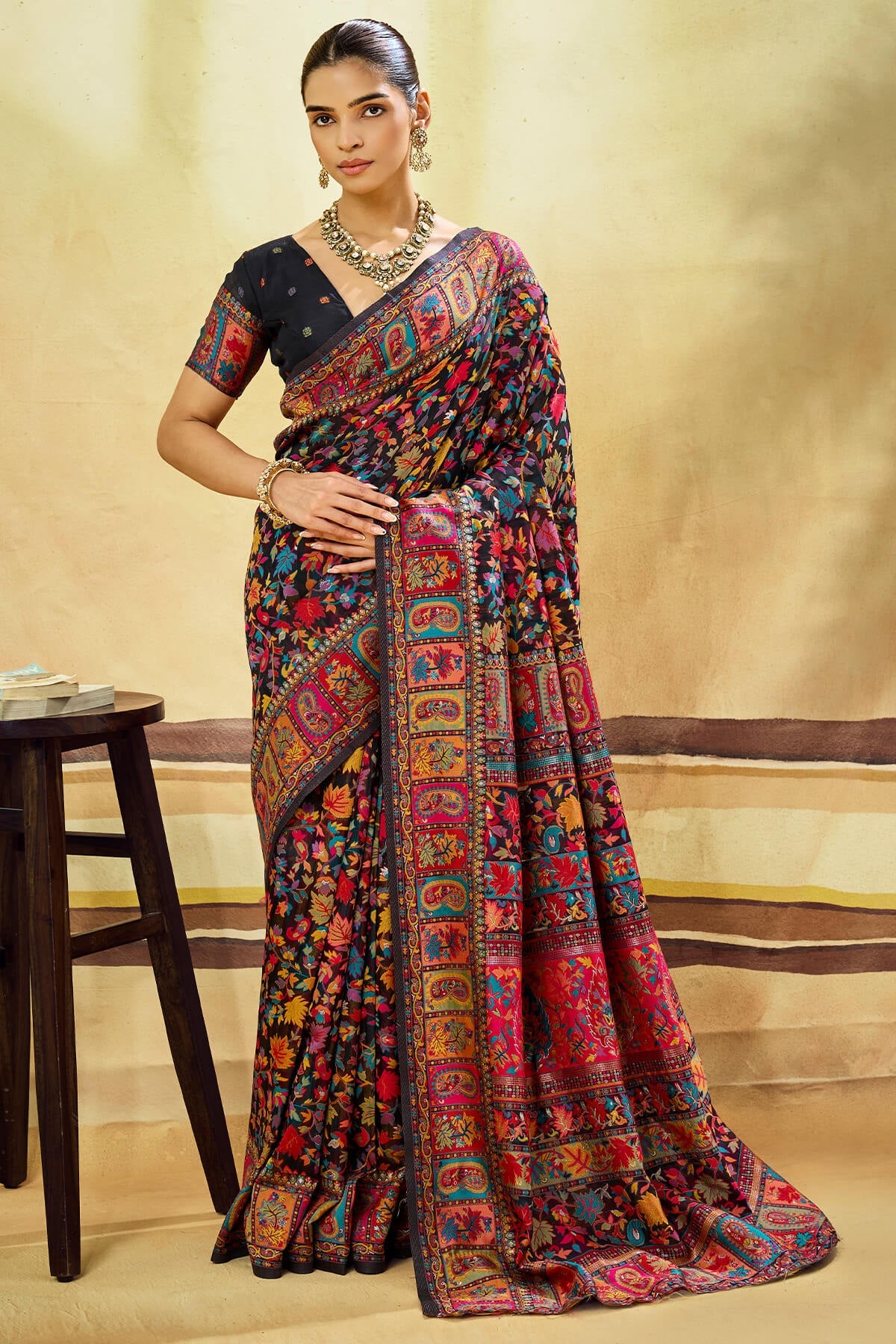 Arresting Black Pashmina Saree With Comely Blouse Piece