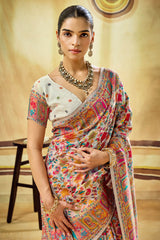 Glamorous Beige Pashmina Saree With Charming Blouse Piece