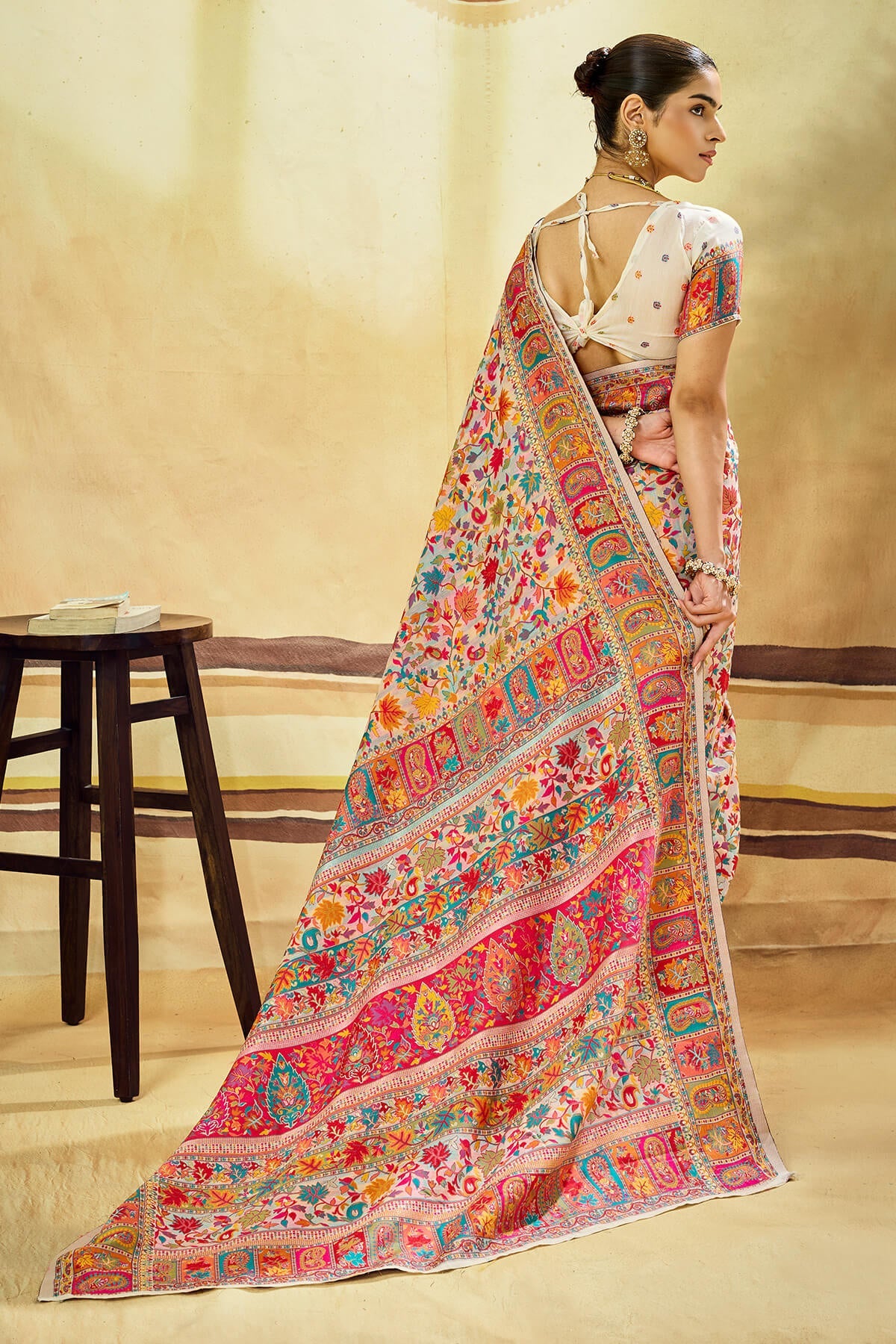 Glamorous Beige Pashmina Saree With Charming Blouse Piece