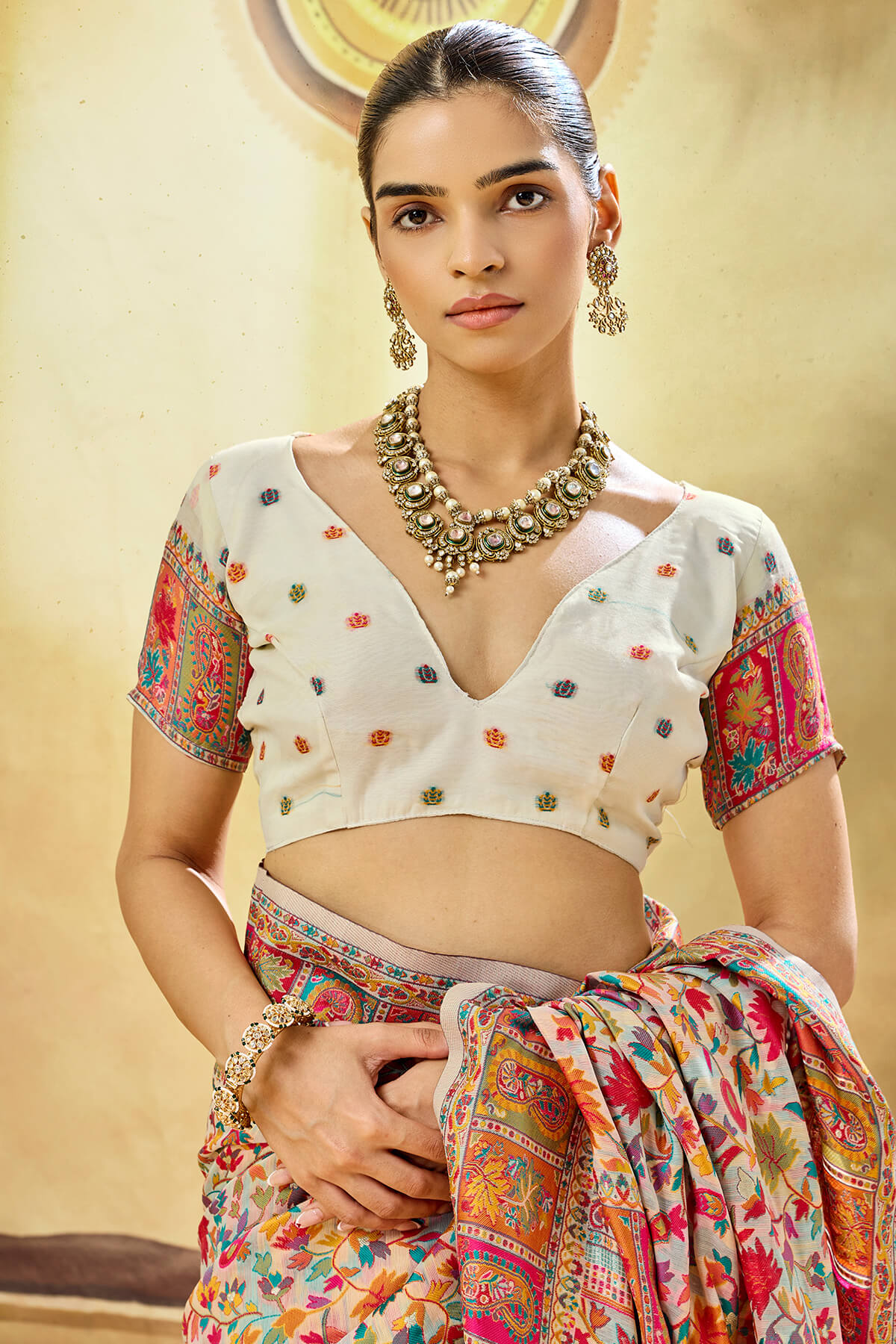 Glamorous Beige Pashmina Saree With Charming Blouse Piece