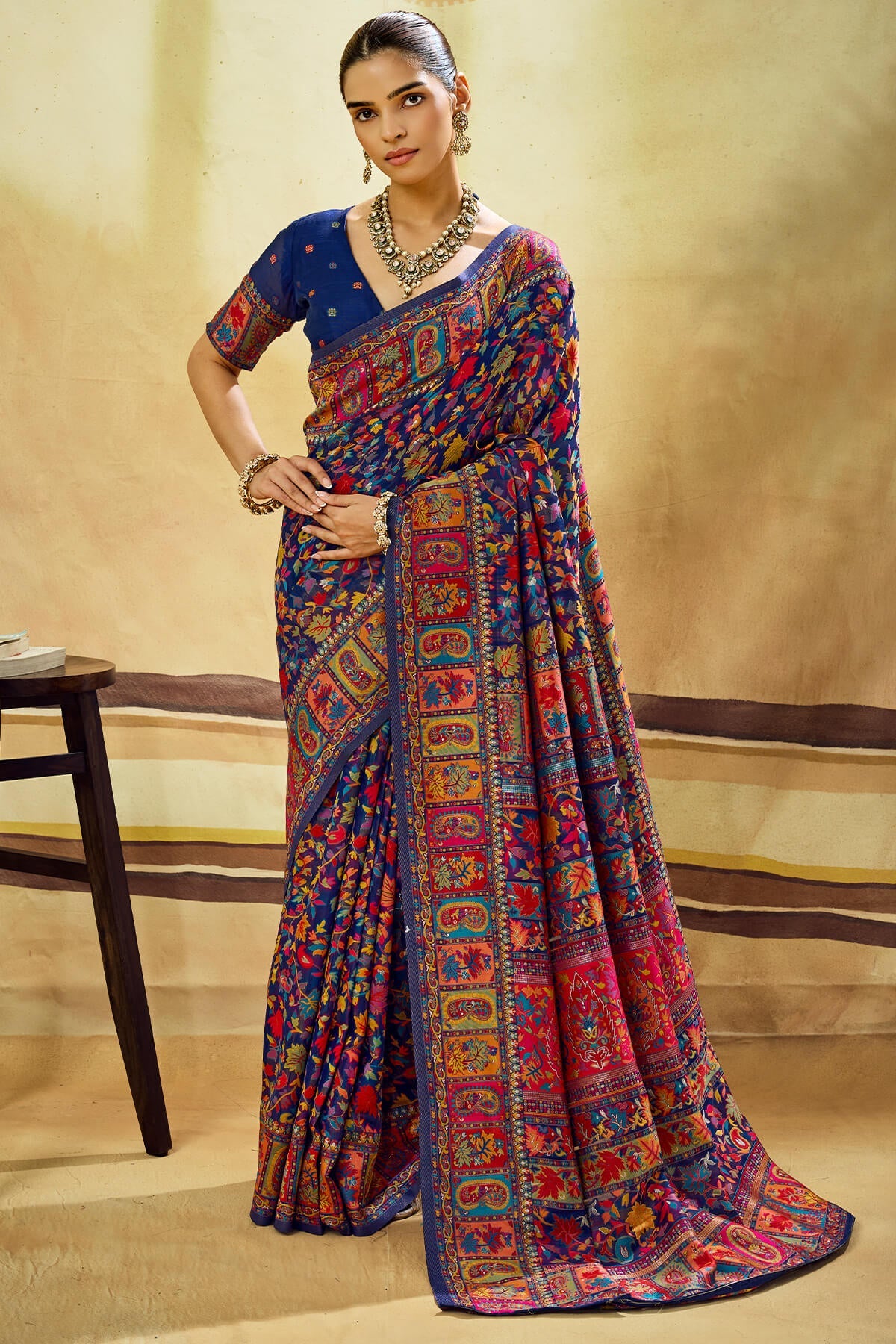 Propinquity Navy Blue Pashmina Saree With Ephemeral Blouse Piece