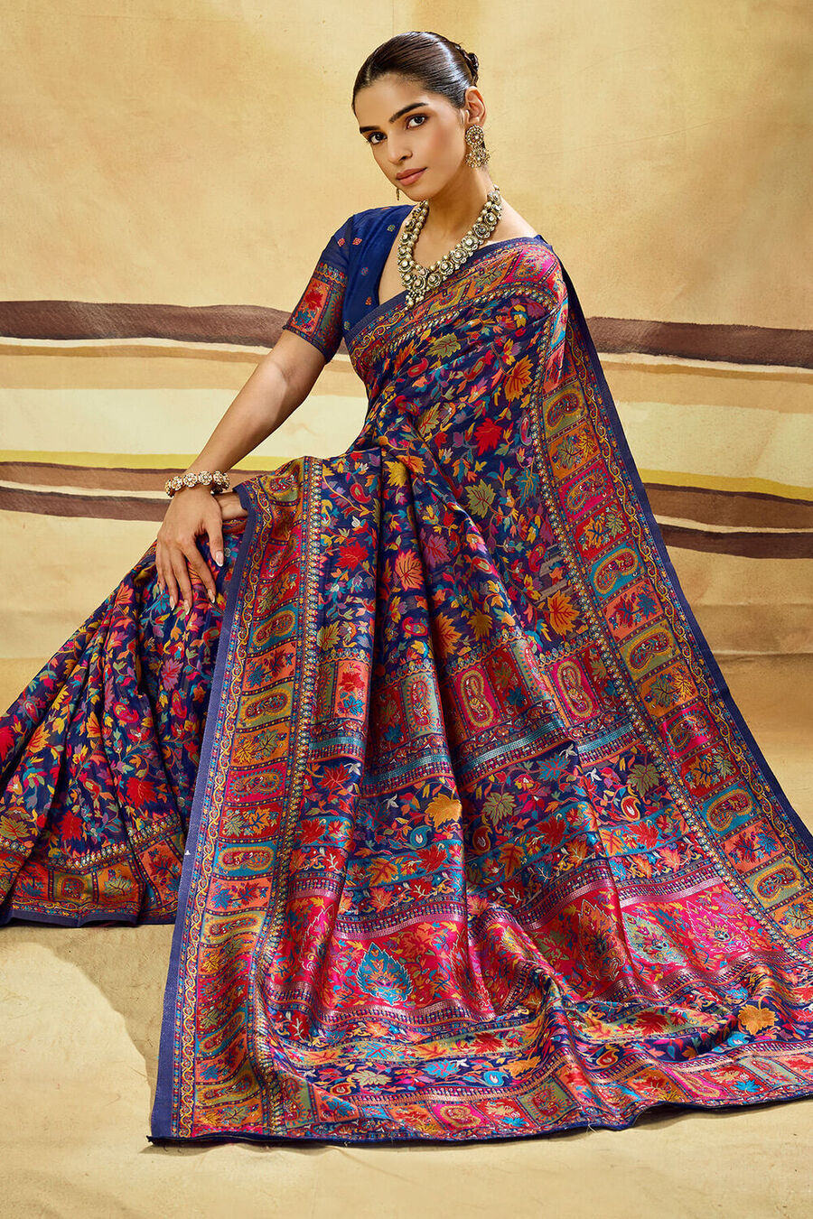 Propinquity Navy Blue Pashmina Saree With Ephemeral Blouse Piece