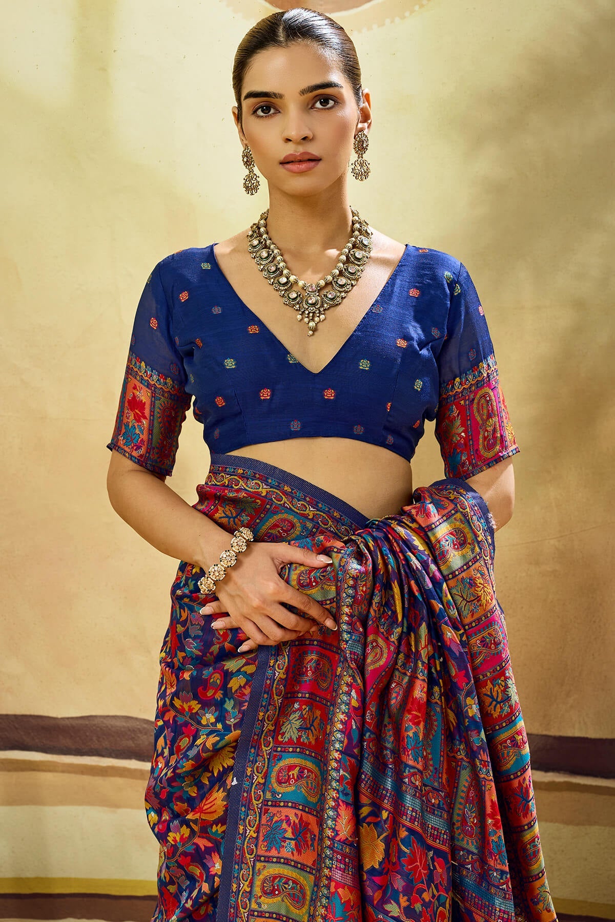 Propinquity Navy Blue Pashmina Saree With Ephemeral Blouse Piece