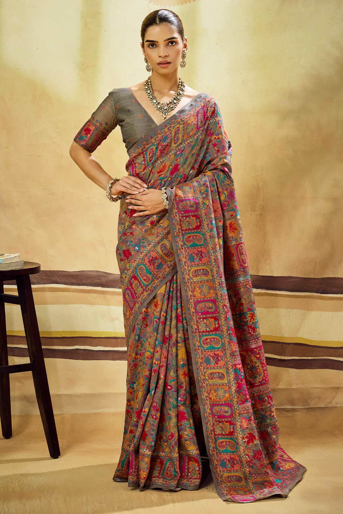 Sensational Grey Pashmina Saree With Panache Blouse Piece