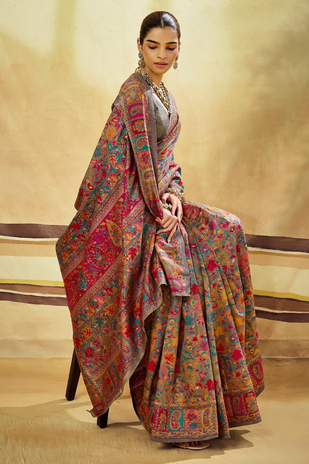 Sensational Grey Pashmina Saree With Panache Blouse Piece