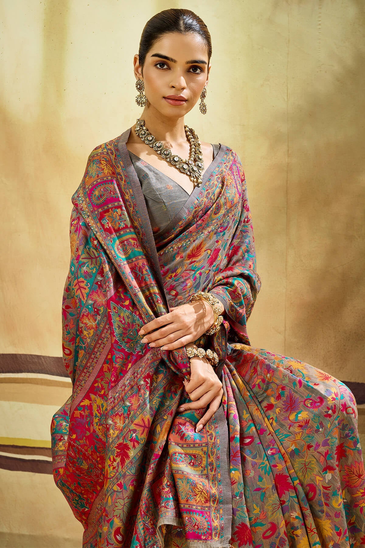 Sensational Grey Pashmina Saree With Panache Blouse Piece
