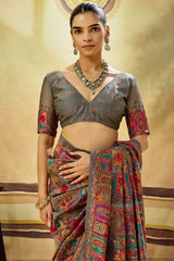 Sensational Grey Pashmina Saree With Panache Blouse Piece